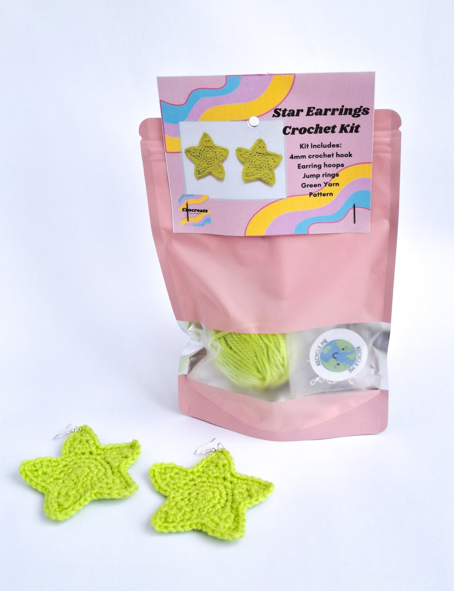 Star Earrings crochet kit green