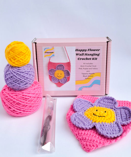 Crochet flower wall hanging starter kit - crochet gift diy kit