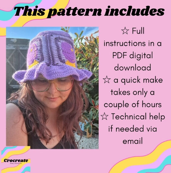 Crochet granny square bucket hat pattern - Digital download crochet summer hat with a celestial pattern